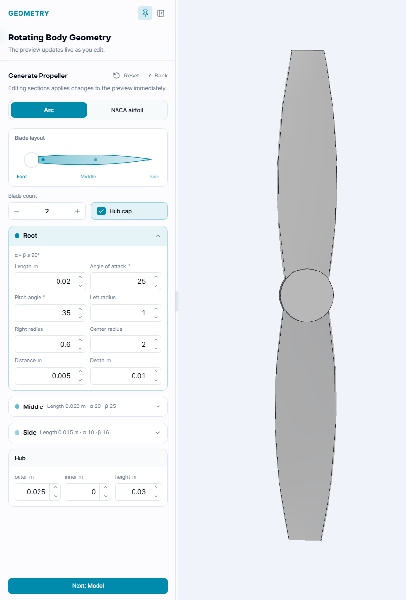 Figure 2. Generated propeller in the current workbench