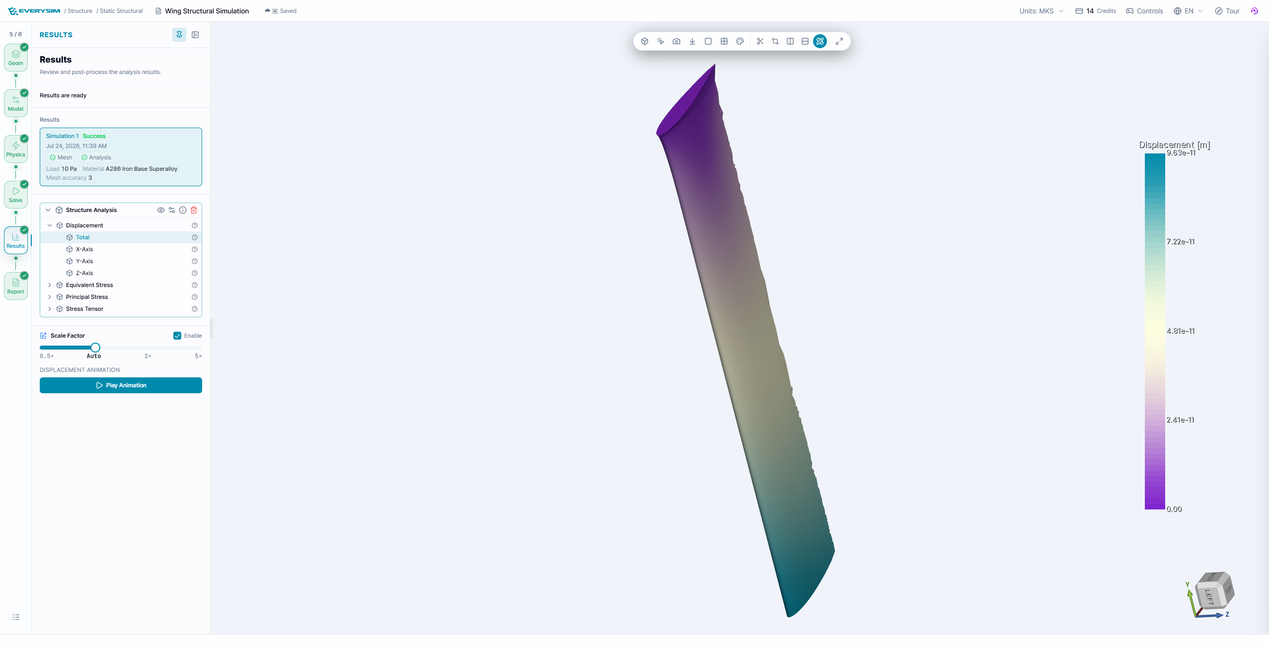 Figure 5. Wing displacement result