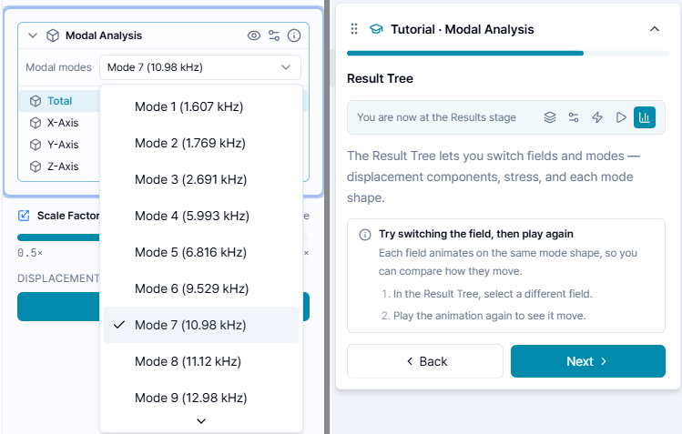 Mode selector and natural-frequency list