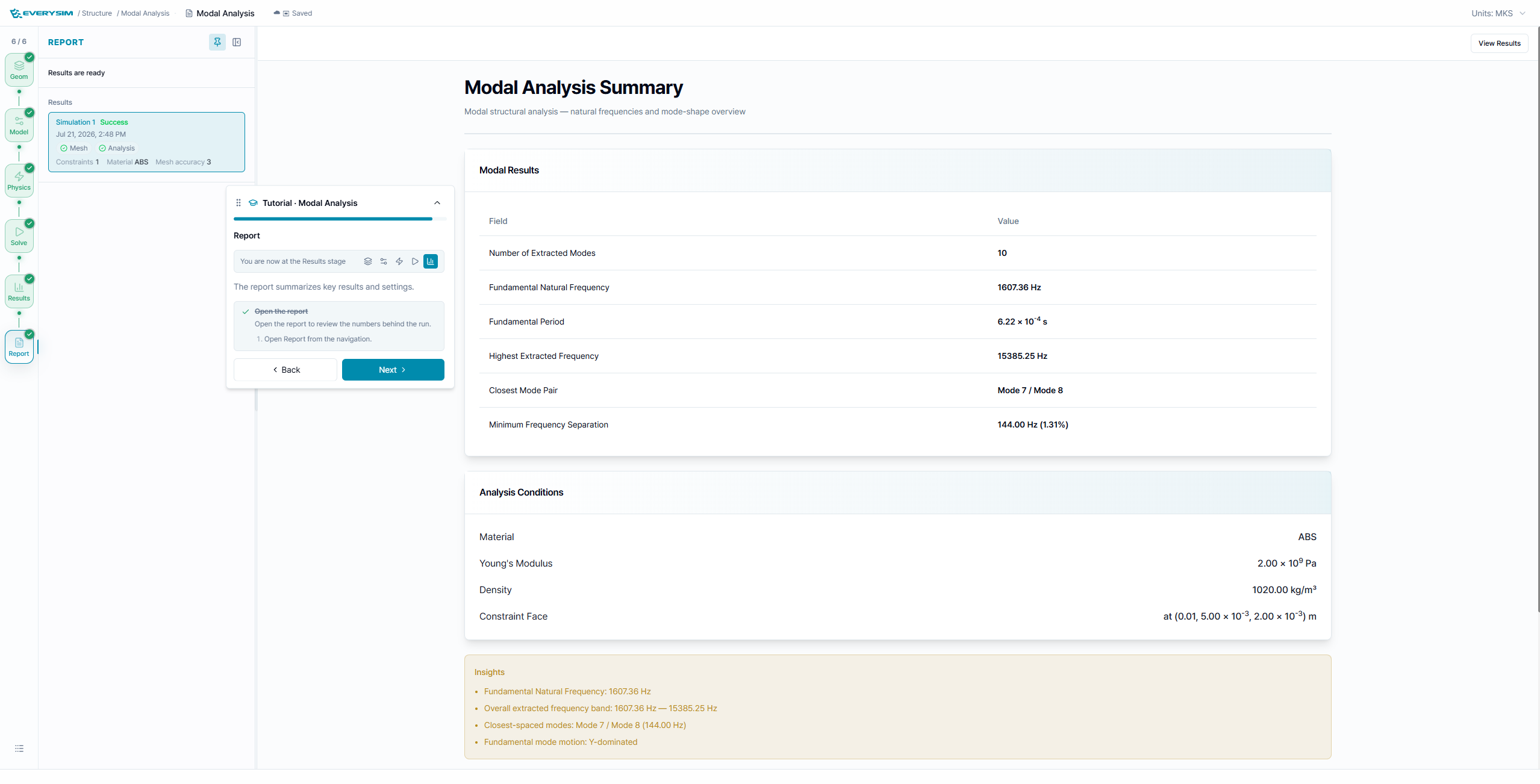 Modal Analysis report summary