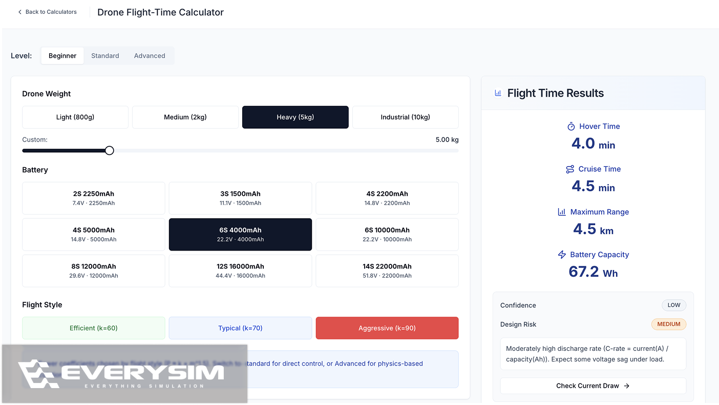 The Drone Flight-Time Calculator with its inputs and estimated results