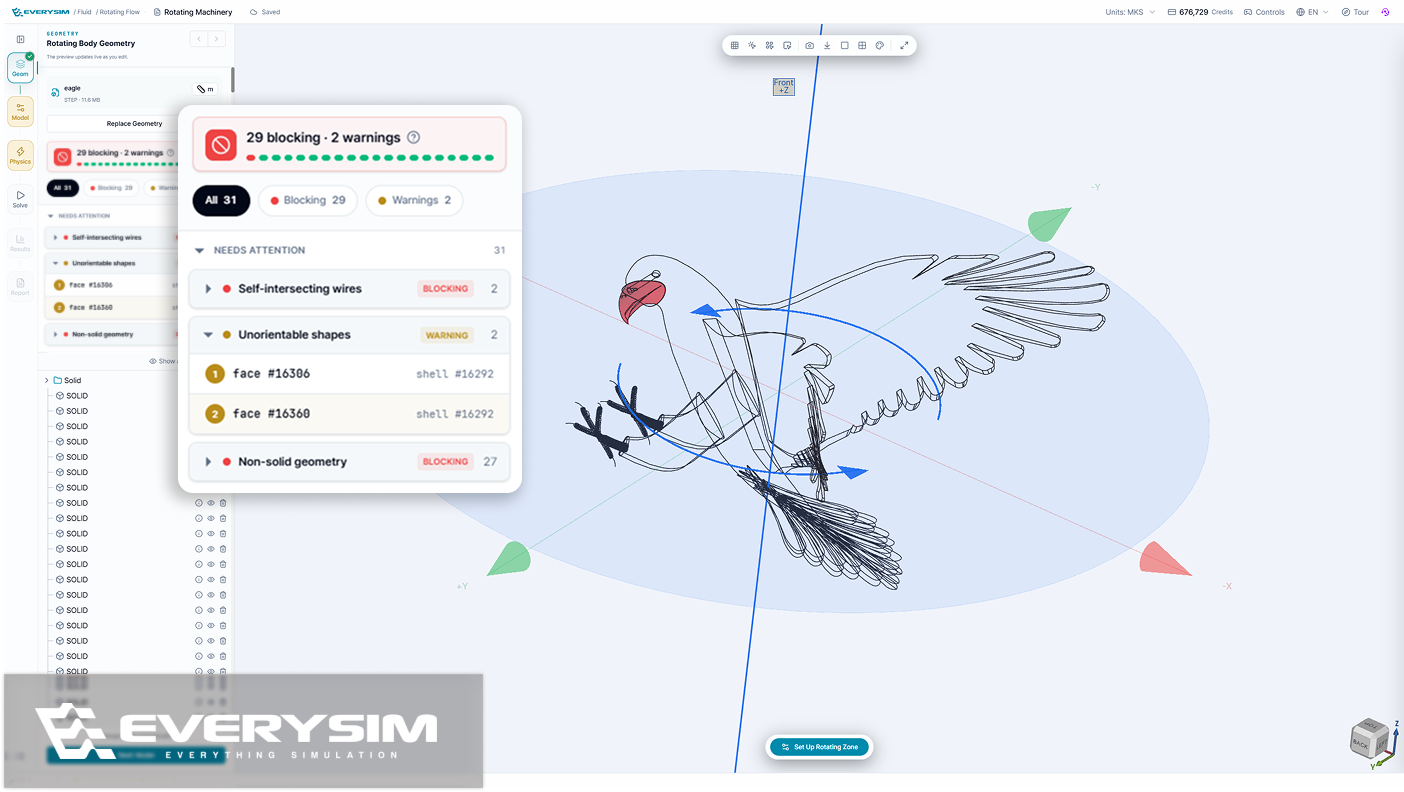 The geometry check listing blocking defects and warnings on an imported model